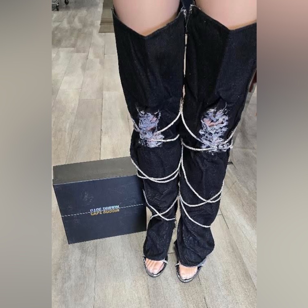 Cape Robbin Nobu Rhinestone Thigh-High Black Denim Booties size 11